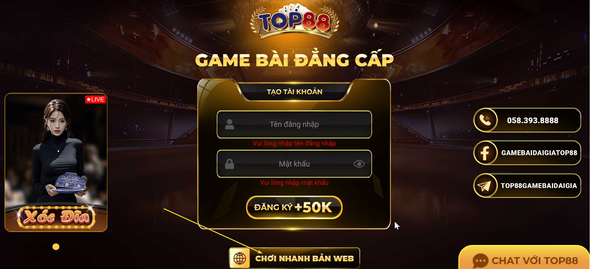 đăng nhập top88 - bước 2