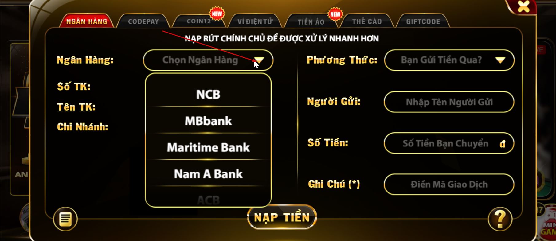 Nạp tiền - chọn ngân hàng