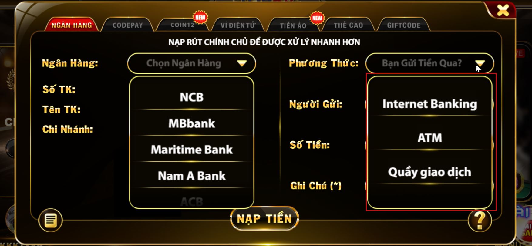nạp tiền top88 qua các kênh ngân hàng
