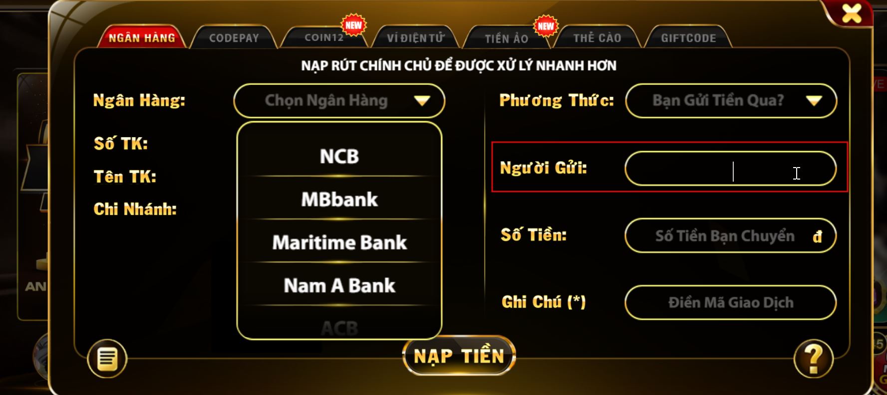 Nhập tên người gửi tiền